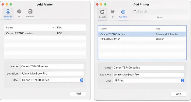 USB-connected printers show up in the same Add Printer window as Bonjour or IP-based printer discovery